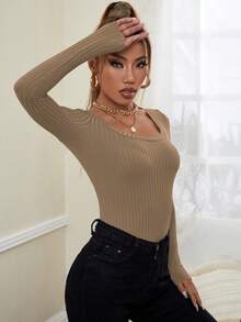 SHEIN PETITE Body unicolor de cuello scoop tejido de canalé - Marrón - Ver 4