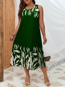 SHEIN EZwear 大碼植物圖案直筒洋裝 - 墨綠色 - 查看 3