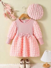 SHEIN Young Girl Solid Bow Front Dress With Hat - Pink - View 6