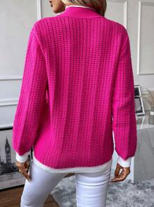 SHEIN Essnce 拼接邊小高領套頭毛衣 - 玫紅色 - 查看 2