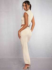 SHEIN X Jessie SHEIN BAE Mock Neck Tank Top & Ruched Skirt - Apricot - View 2