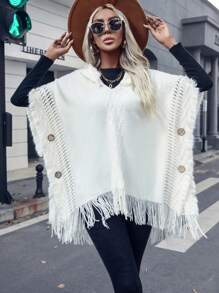SHEIN Unity Poncho con diseño de botón ribete con fleco con capucha tejido - Beis - Ver 1