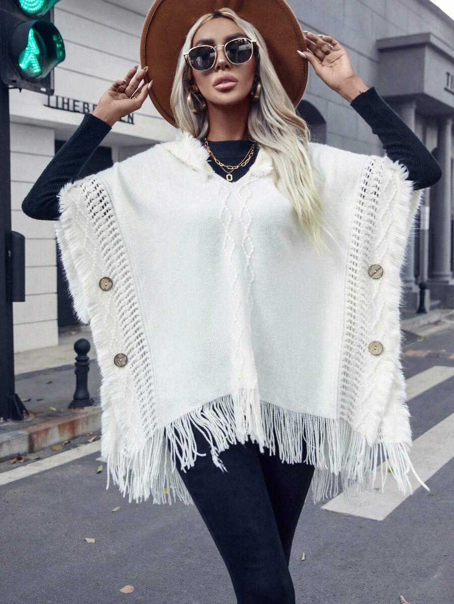 SHEIN Unity Poncho con diseño de botón ribete con fleco con capucha tejido - Beis - Ver 1