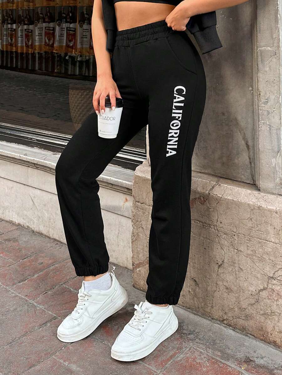 SHEIN Cottnline Đồ họa Chữ cái Eo đàn hồi Quần thể thao - màu đen - Xem 1