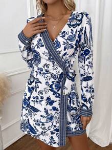 SHEIN LUNE 印花圍裹側打結連身短褲 - 藍色 - 查看 4