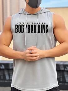 Manfinity Fitness 男士字母圖形束線兜帽背心訓練上衣 - 灰色 - 查看 3