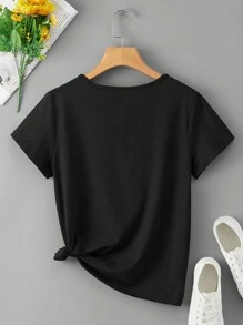 SHEIN LUNE Heart Embroidery Tee - Black - View 2