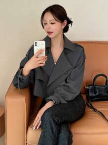 DAZY Epaulettes Design Raglan Sleeve Trench Coat Women Jacket,Fall Women Clothes - Dark Grey - View 2