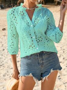 SHEIN VCAY Eyelet Embroidery Notched Neckline Puff Sleeve Blouse - Green - View 5