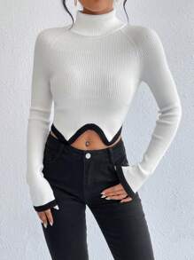 SHEIN Essnce Áo cao cổ Tay Raglan Viền không đối xứng Áo len Crop - trắng - Xem 1
