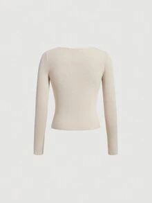 SHEIN MOD Chất rắn Cắt ra phía trước Đồ đan Ribbed Áo len - Màu be - Xem 2