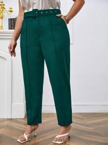 SHEIN Frenchy 大碼素色斜口袋腰帶西裝褲 - 墨綠色 - 查看 5