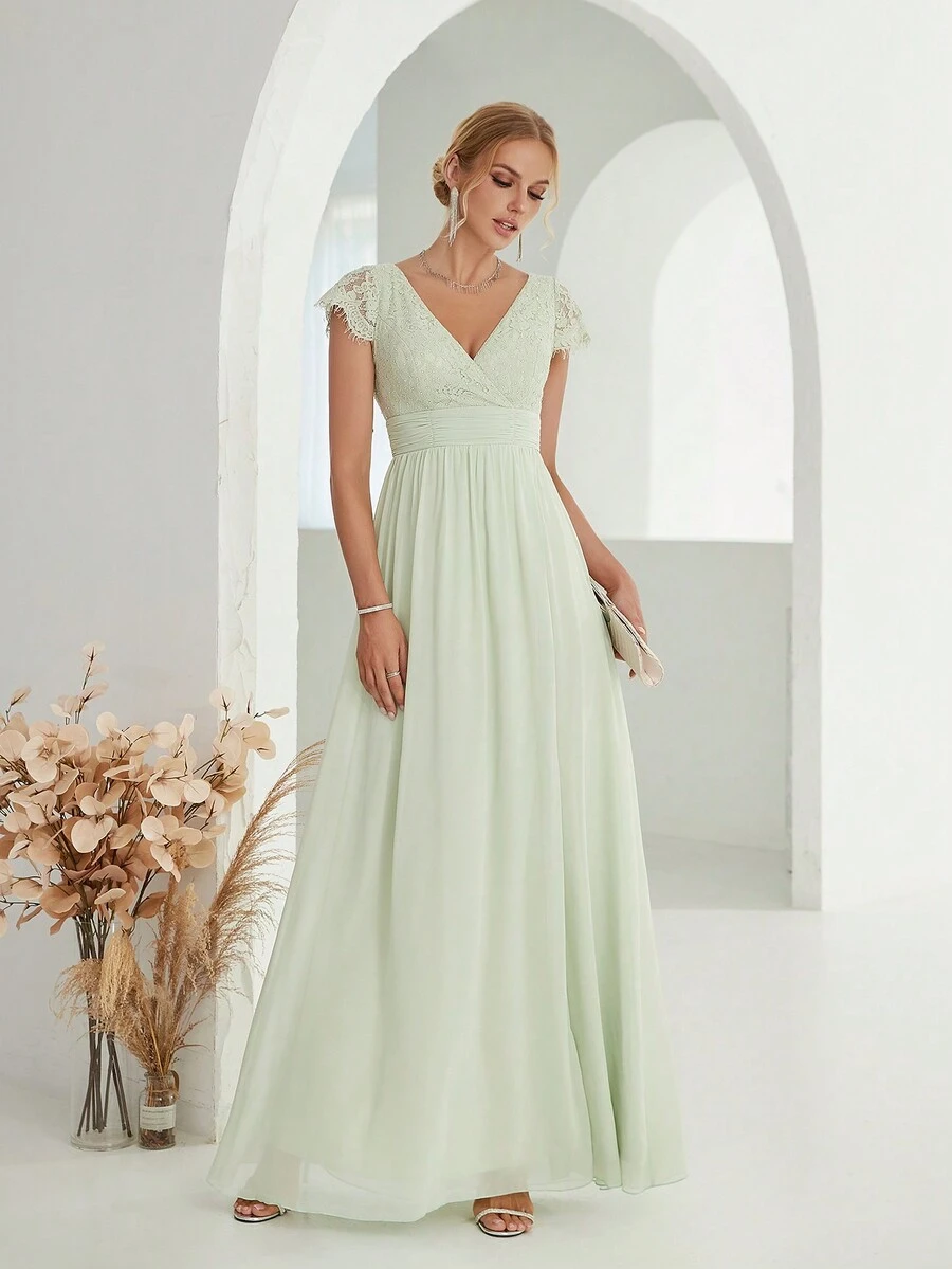 Cross V-Neck Lace Rhinestone Pleated Chiffon A-Line Long Dress With Slit - Mint Green - View 1