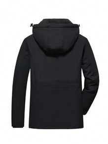 Men Letter Patched Zip Up Thermal Hooded Coat - Black - View 2
