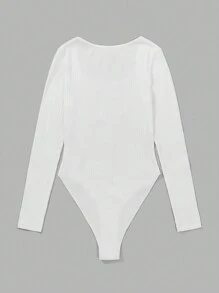 SHEIN EZwear Solid Scoop Neck Ribbed Knit Bodysuit - White - View 4
