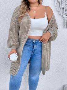 SHEIN CURVE+ 大碼落肩袖開襟開衫 - 卡其色 - 查看 8