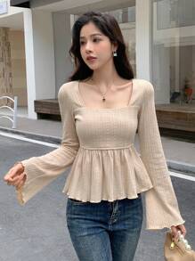 DAZY 方领荷叶边下摆 T 恤、荷叶边、返校服、娃娃装上衣、长袖女式上衣 - 杏色 - 查看 5