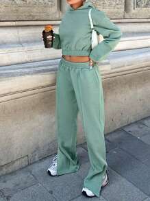 RueChic Plus Drop Shoulder Crop Hoodie & Pants - Green - View 4