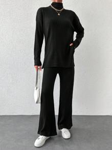 EURMUSE Mock Neck Drop Shoulder Split Hem Tee & Pants - Black - View 1