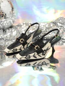 Women's Embroidered High Heel Square Toe Back Strap Pump With Decorative Buckle - Multicolor - View 6