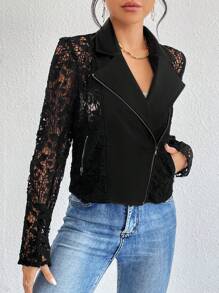 SHEIN Privé 1pc Contrast Lace Zip Up Moto Jacket - Black - View 5