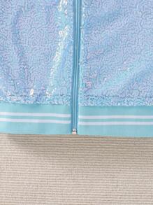 SHEIN Young Girl 1pc Sequin Zip Up Bomber Jacket - Blue - View 3