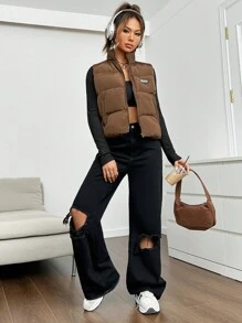 SHEIN EZwear 1 件字母贴花拉链背心加厚外套 - 咖啡棕 - 查看 4