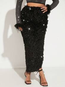 SHEIN X GiudiceGirls 高腰开衩亮片裙，性感亮相新年派对 - 黑色 - 查看 4