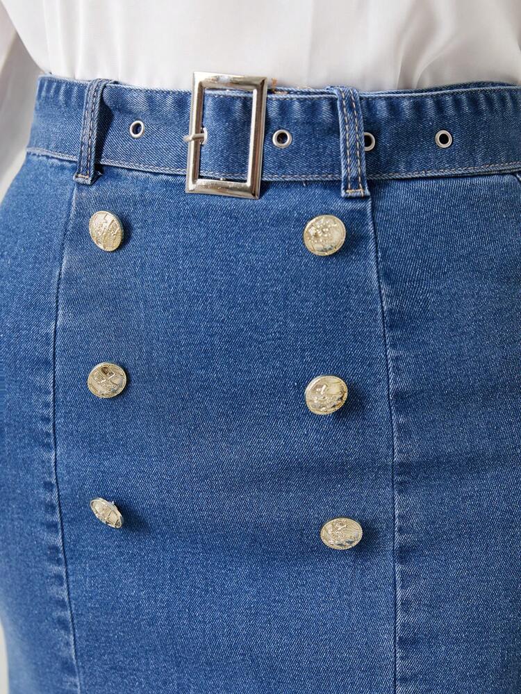 Double Breasted Mermaid Hem Belted Denim Skirt