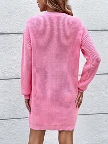 SHEIN Frenchy Rhinestone Detail Drop Shoulder Sweater Dress - Hot Pink - View 2