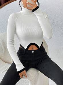 SHEIN Essnce Áo cao cổ Tay Raglan Viền không đối xứng Áo len Crop - trắng - Xem 6