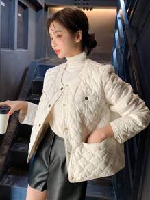Chất rắn Nút phía trước Áo khoác Quilted - trắng - Xem 4