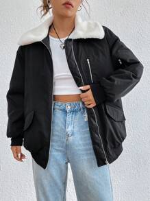 SHEIN EZwear Gewatteerde jas met borgkraag, klepzak, verlaagde schouder en ritssluiting aan de voorkant