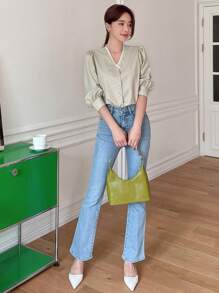 DAZY Guipure Lace Trim Puff Sleeve Blouse - Olive Green - View 5