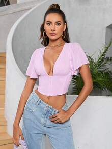 PARTHEA 深V領鑲骨蝴蝶袖短款上衣，外出必備款 - 淡紫色 - 查看 5