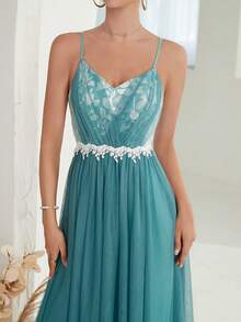 網拼接 刺綉植物伴娘禮服(成人) - 青碧色 - 查看 6