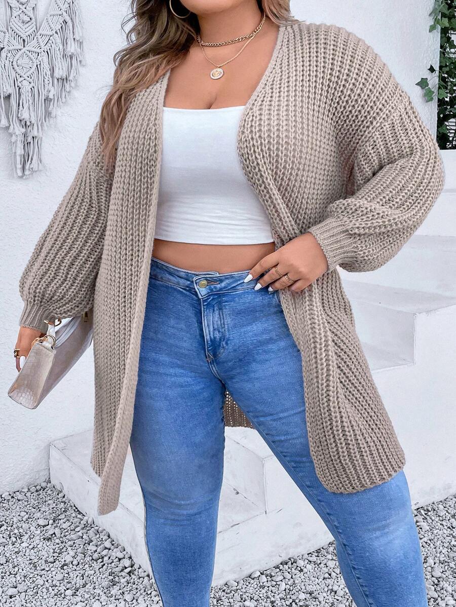 SHEIN CURVE+ 大碼落肩袖開襟開衫 - 卡其色 - 查看 1