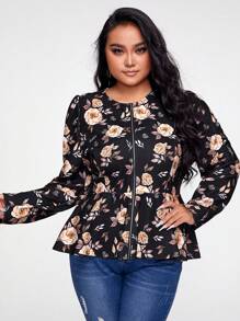 Anis Illustration Hơn In hoa Dây kéo Xoay eo Áo khoác - Nhiều màu - Xem 1