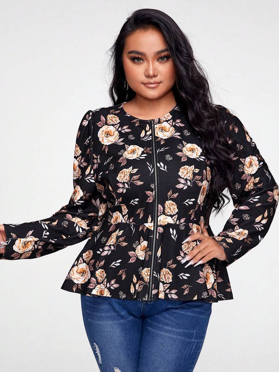 Anis Illustration 大碼印花拉鏈開襟荷葉邊下擺夾克 - 彩色 - 查看 1