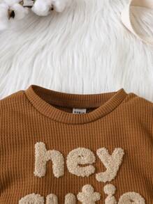 Baby Boy Letter Flocked Sweatshirt & Bow Front Sweatpants - Brown - View 3