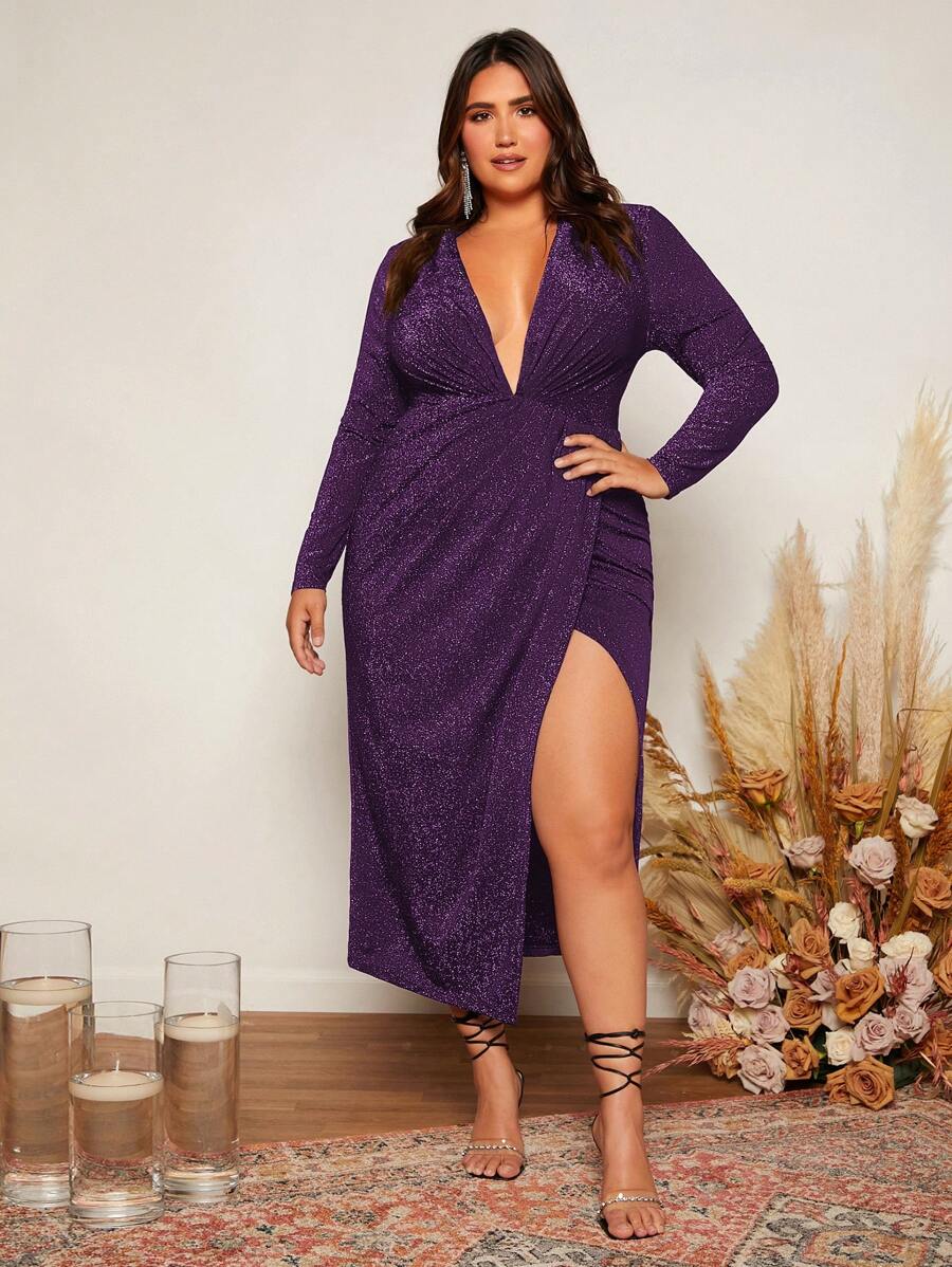 SHEIN Belle 大碼深V領圍裹下擺金屬亮絲伴娘洋裝 - 紫色 - 查看 1