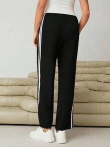 SHEIN Essnce Tương phản Đường may bên Eo dây rút Quần - màu đen - Xem 2