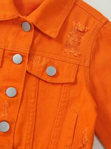 SHEIN Explorewe Chica Joven 1 pieza Cazadora mezclilla desgarro con diseño de solapa - Naranja - Ver 5