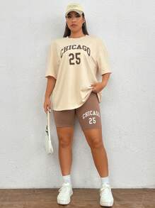 SHEIN EZwear 大碼字母圖案落肩T恤&騎行褲 - 彩色 - 查看 3