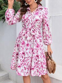 SHEIN VCAY Floral Print Lantern Sleeve Belted Shirt Dress - Multicolor - View 1