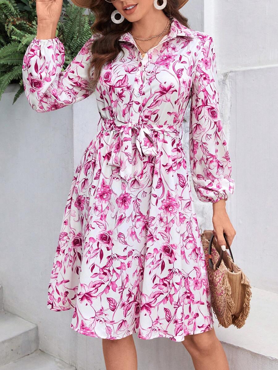 SHEIN VCAY Floral Print Lantern Sleeve Belted Shirt Dress - Multicolor - View 1