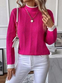 SHEIN Essnce 拼接邊小高領套頭毛衣 - 玫紅色 - 查看 6