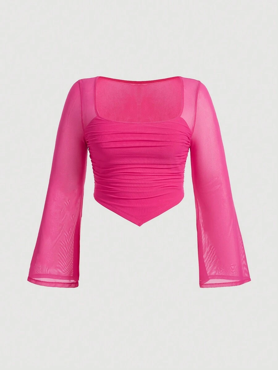 SHEIN MOD Plus Square Neck Ruched Hanky Hem Mesh Top - Hot Pink - View 1