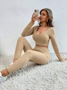 SHEIN LUNE Solid Crop Sweater & Knit Pants Fall Winter Cloth For Women - Khaki - View 3