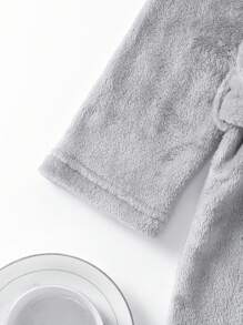 Young Boy Belted 3D Ear Design Hooded Flannel Robe - Grey - View 4